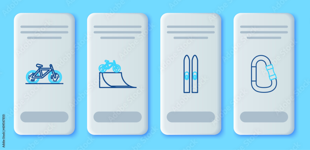 Set line Bicycle on street ramp, Ski and sticks, and Carabiner icon. Vector Set line Bicycle on street ramp, Ski and sticks, and Carabiner icon. Vector