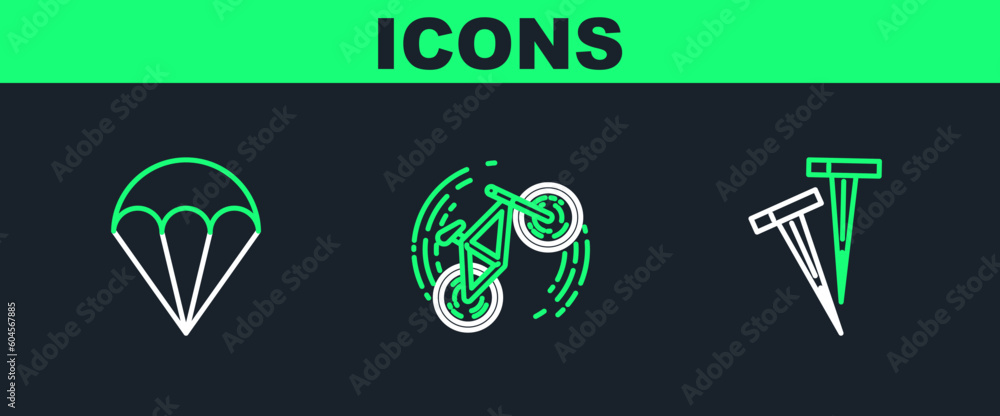 Set line Pegs for tents, Parachute and Bicycle trick icon. Vector Set line Pegs for tents, Parachute and Bicycle trick icon. Vector