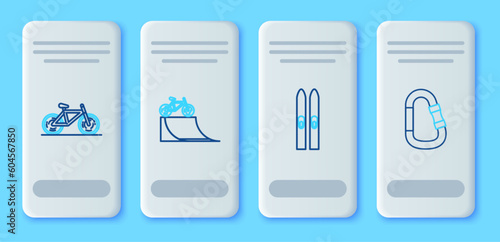 Set line Bicycle on street ramp, Ski and sticks, and Carabiner icon. Vector