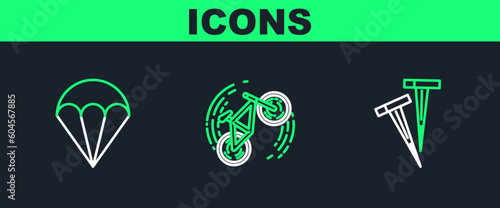 Set line Pegs for tents, Parachute and Bicycle trick icon. Vector