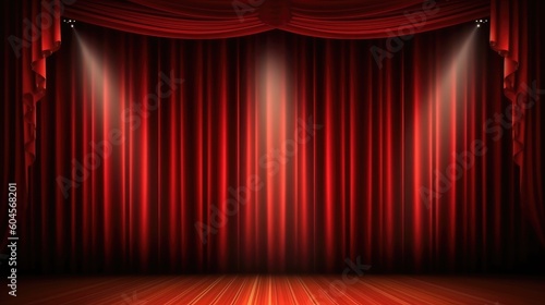 Spotlight shining on red stage curtain. (Generative AI)