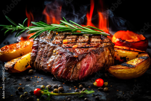 fried steak on the grill lies on a stone board with vegetables. Gourmet food. Generative AI