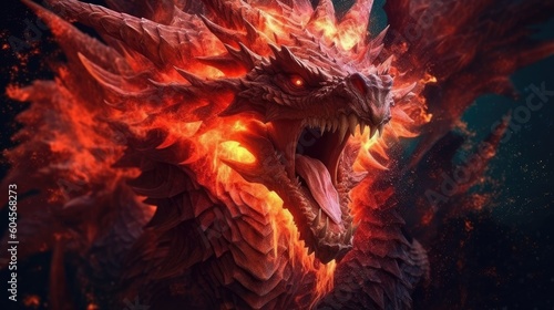 A fiery red dragon in mythological portrait, with a dark backdrop. (Generative AI)
