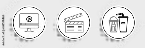 Set line Popcorn and soda drink glass, Online play video and Movie clapper icon. Vector