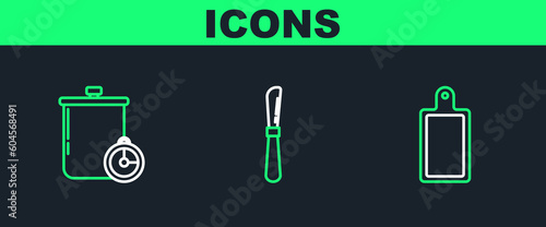 Set line Cutting board, Cooking pot and kitchen timer and Knife icon. Vector