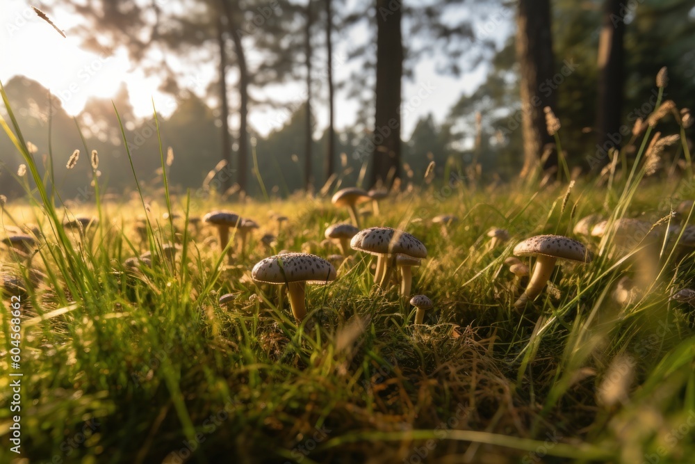 Morning photo of a green grass meadow with many meadow mushrooms. Generative ai 4 Morning photo of a green grass meadow with many meadow mushrooms. Generative ai 4