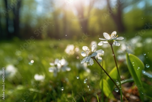 Beautiful spring nature background nature with blooming plants in sunny rainy day. Macro shot