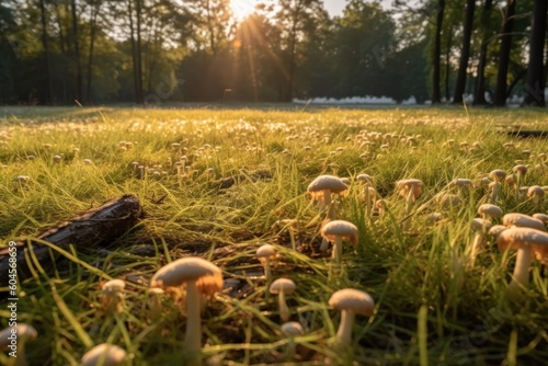 Morning photo of a green grass meadow with many meadow mushrooms. Generative ai 3
