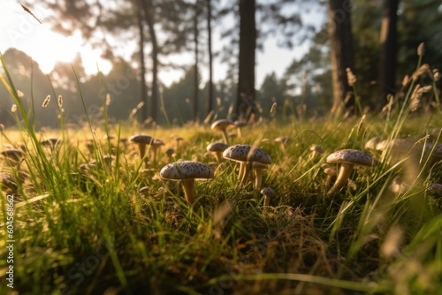 Morning photo of a green grass meadow with many meadow mushrooms. Generative ai 4