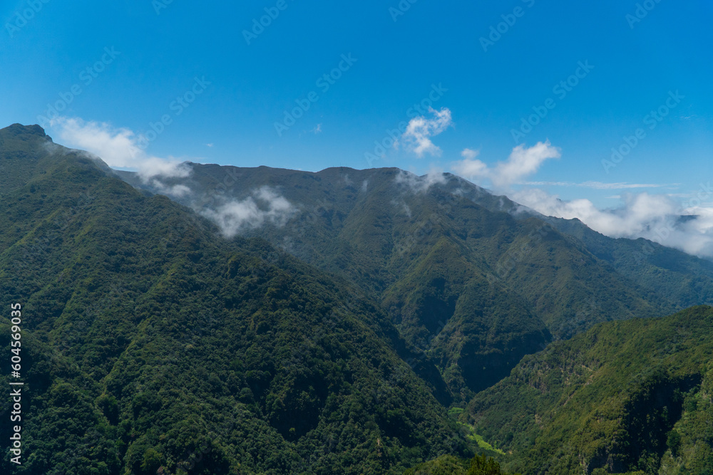 Landscape of beautiful cloudscape above mountains, Madeira Island, Portugal. Rainy day