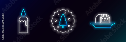 Set line Marzipan sponge cake, Burning candle in candlestick and Cookie or biscuit with chocolate icon. Glowing neon. Vector