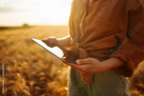 A woman agronomist checks the harvest. Smart farmer concept. A bountiful harvest