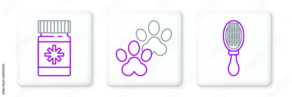Obraz premium Set line Hair brush for dog and cat, Dog medicine bottle pills and Paw print icon. Vector