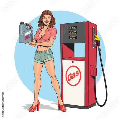 Woman holding motor oil canister, gas station and fuel pump car service isolated on white background. Hand drawn vector Illustration.