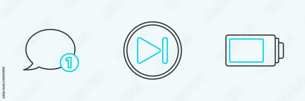 Set line Battery charge level indicator, Speech bubble chat and Fast forward icon. Vector Set line Battery charge level indicator, Speech bubble chat and Fast forward icon. Vector