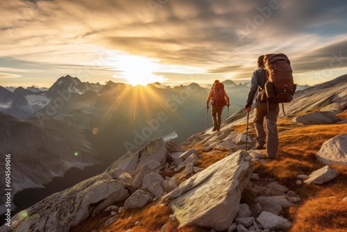 trekkers walking in a mountain during sunset