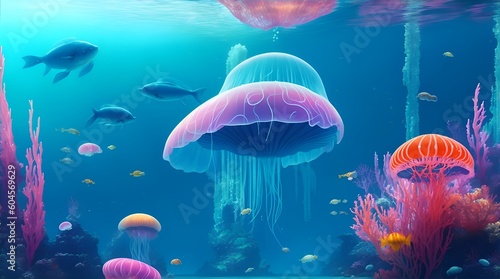Immerse yourself in the awe-inspiring beauty of this futuristic underwater cityscape. Vibrant hues illuminate the depths as an array of colorful marine life gracefully swim through the water. Ai image