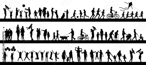 Fotografia Group people adult seniors and kids outdoor activities vector silhouette set