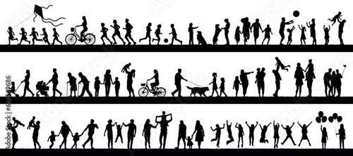 Silhouettes set of group people adult seniors and kids outdoor activities vector. Family recreation friends children having fun outdoor in park silhouettes.