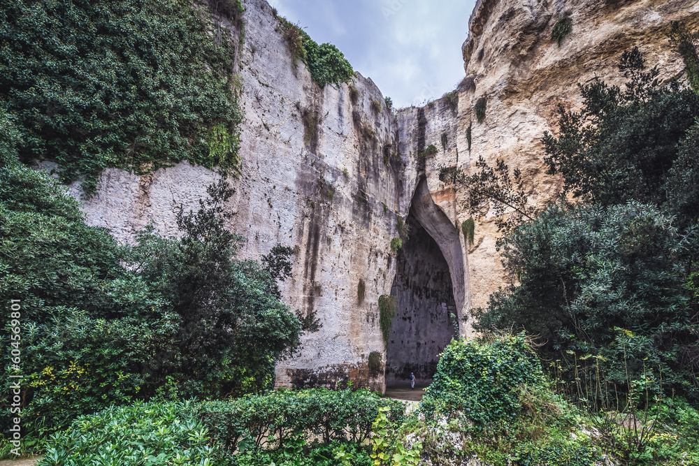 View on Ear of Dionysius cave in Neapolis archaeological park, Syracuse, Sicily Island, Italy