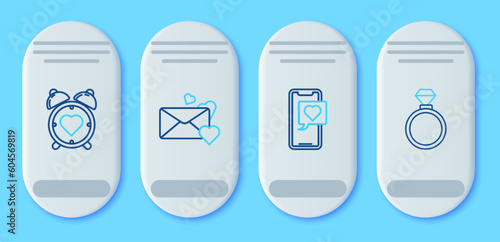 Set line Envelope with heart, Smartphone speech bubble, Heart in the center alarm clock and Wedding rings icon. Vector