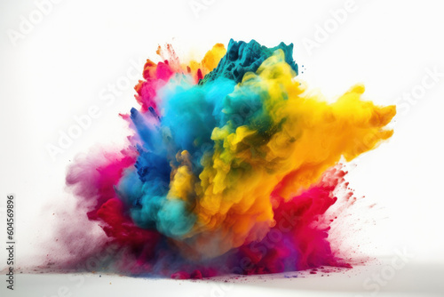 An explosion of colored powder against a white background creates a stunning mix of abstract design and vibrant color. This image is AI generative. © sorapop