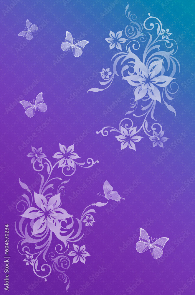 Abstract background image of flowers and butterflies on a blue-purple background Abstract background image of flowers and butterflies on a blue-purple background