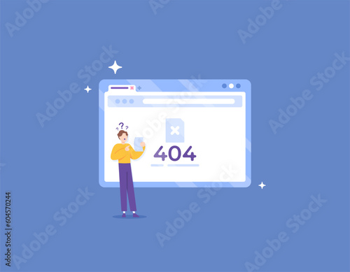 Error code 404 Not Found. The server can't find the page that visitors want to search. a visitor who is confused because the page he wants to access does not exist. illustration concept design. vector