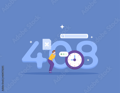 Error code 408 Request Timeout. The server disconnects the connection request because it takes too long. A visitor gets a 408 error message on a web page because of a network problem. illustration 