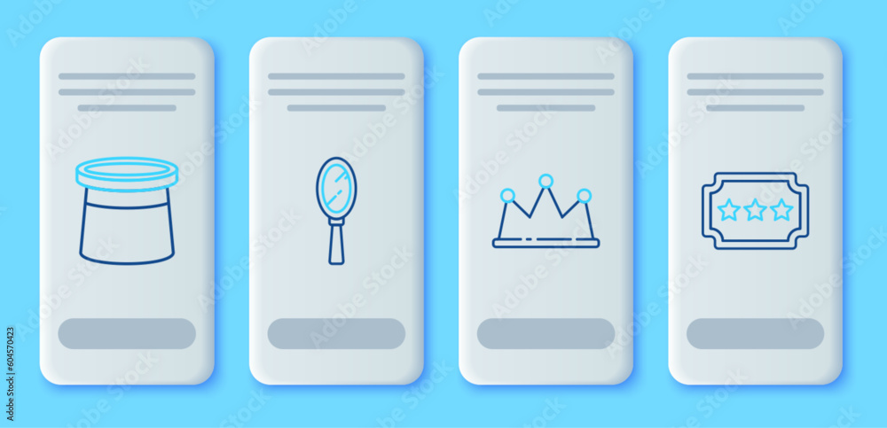 Set line Magic hand mirror, Crown, Magician hat and Ticket icon. Vector