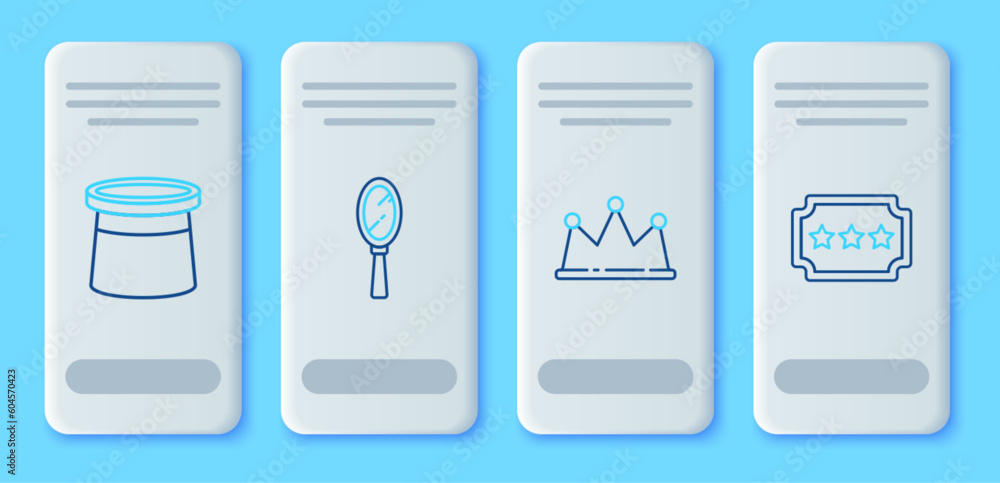 Set line Magic hand mirror, Crown, Magician hat and Ticket icon. Vector Set line Magic hand mirror, Crown, Magician hat and Ticket icon. Vector