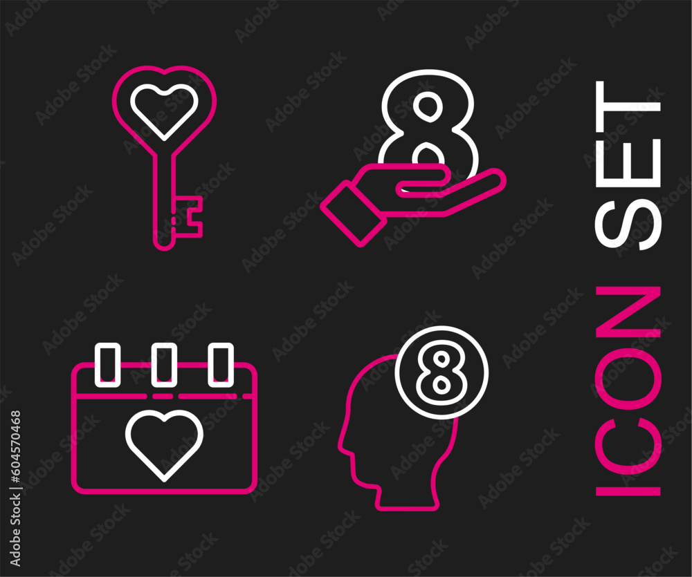 Set line 8 March in human head, Calendar with, on hand and Key heart shape icon. Vector Set line 8 March in human head, Calendar with, on hand and Key heart shape icon. Vector