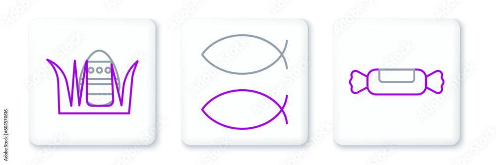 Set line Candy, Easter egg and Christian fish icon. Vector Set line Candy, Easter egg and Christian fish icon. Vector
