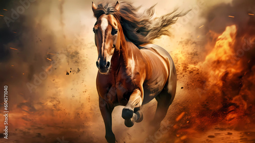 In a breathtaking display of courage and strength, a horse charges through swirling flames, defying the intense heat with unwavering determination. © ChoccoDomo