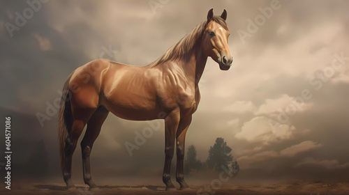 In a captivating display of tranquility  a horse stands serenely  emanating an aura of calm strength. Its statuesque figure exudes grace and poise.