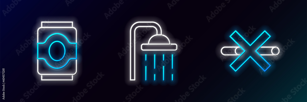 Set line No Smoking, Soda can and Shower head icon. Glowing neon. Vector Set line No Smoking, Soda can and Shower head icon. Glowing neon. Vector
