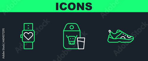 Set line Sport sneakers, Smart watch and Paper package for milk icon. Vector