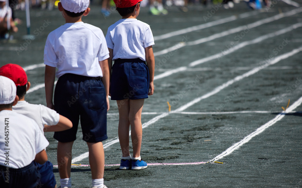 Fototapeta premium 小学校の運動会で短距離走をしている学生達の後ろ姿