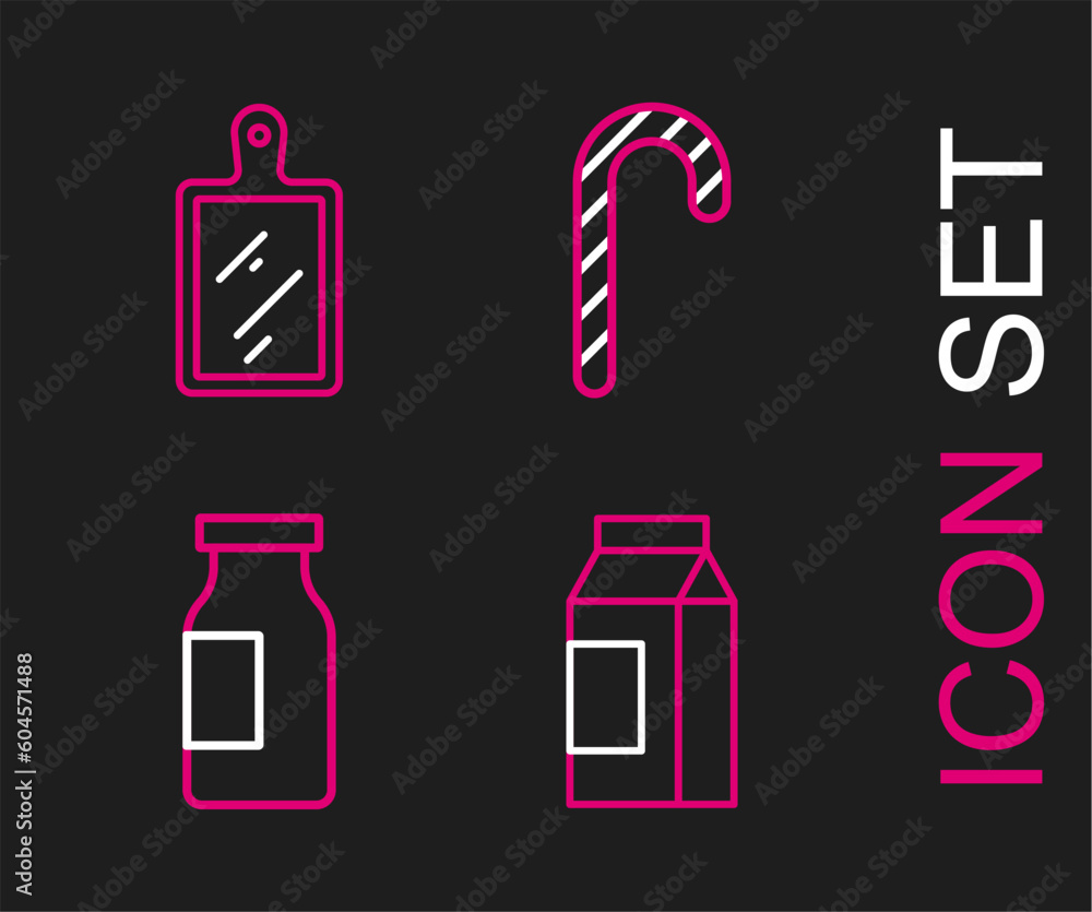 Set line Paper package for milk, Bottle with, Christmas candy cane and Cutting board icon. Vector Set line Paper package for milk, Bottle with, Christmas candy cane and Cutting board icon. Vector