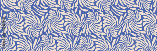 Boho Print. Hand Drawn Irregular Groovy Retro Style Floral Seamless Vector Pattern. Ivory Beige Tropical Leaves made of Wavy Lines Isolated on an Azure Blue Background. Simple Abstract Hippie Print.