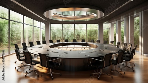 office room interior with a round meeting table and empty chairs © Omkar