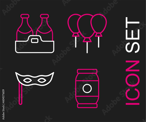 Set line Beer can  Festive mask  Balloons with ribbon and Champagne bottle icon. Vector