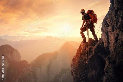 sunset in the mountains with a hiker at the peak
