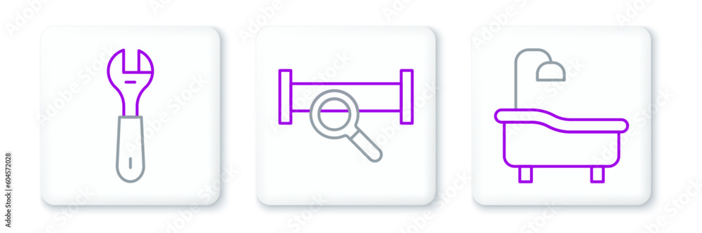 Set line Bathtub, Wrench spanner and Industry metallic pipe icon. Vector Set line Bathtub, Wrench spanner and Industry metallic pipe icon. Vector