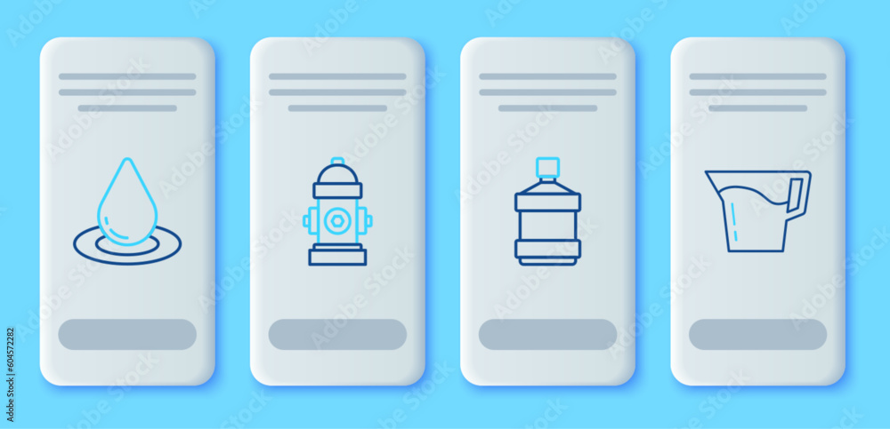 Set line Fire hydrant, Big bottle with clean water, Water drop and Jug glass icon. Vector Set line Fire hydrant, Big bottle with clean water, Water drop and Jug glass icon. Vector