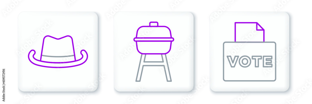 Set line Vote box, Western cowboy hat and Barbecue grill icon. Vector Set line Vote box, Western cowboy hat and Barbecue grill icon. Vector