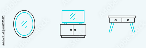 Set line Office desk  Mirror and TV table stand icon. Vector