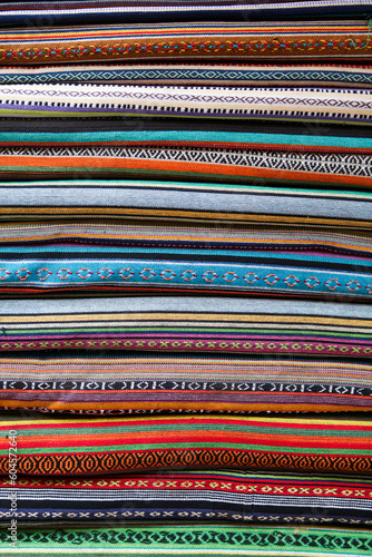 Various types of colorful Tibetan textiles produced in Kathmandu, Nepal