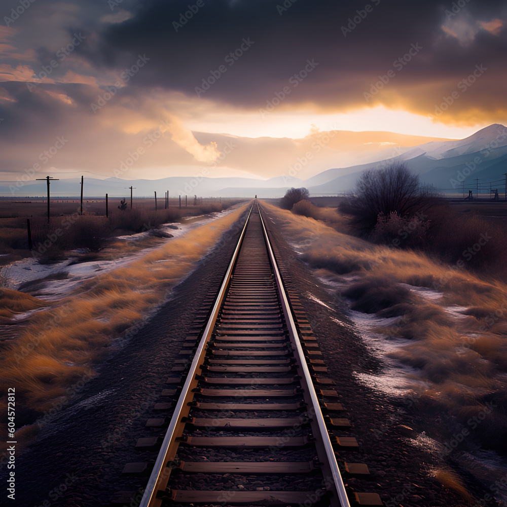 Fototapeta premium Einzelnes gerades Zuggleis in schöner einsamer Landschaft unter Himmel