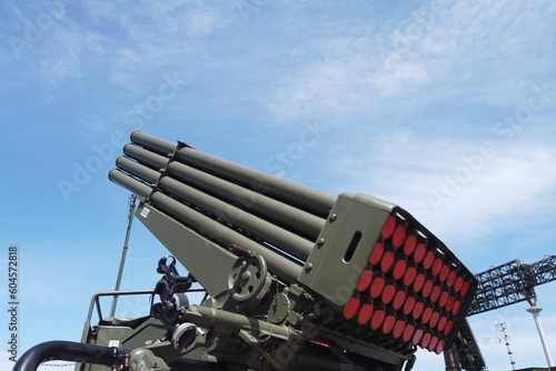  Minsk, Belarus - 20.05.2023: Russian 122 mm GRAD Multiple Rocket Launcher System (MLRS) with a full load of missiles